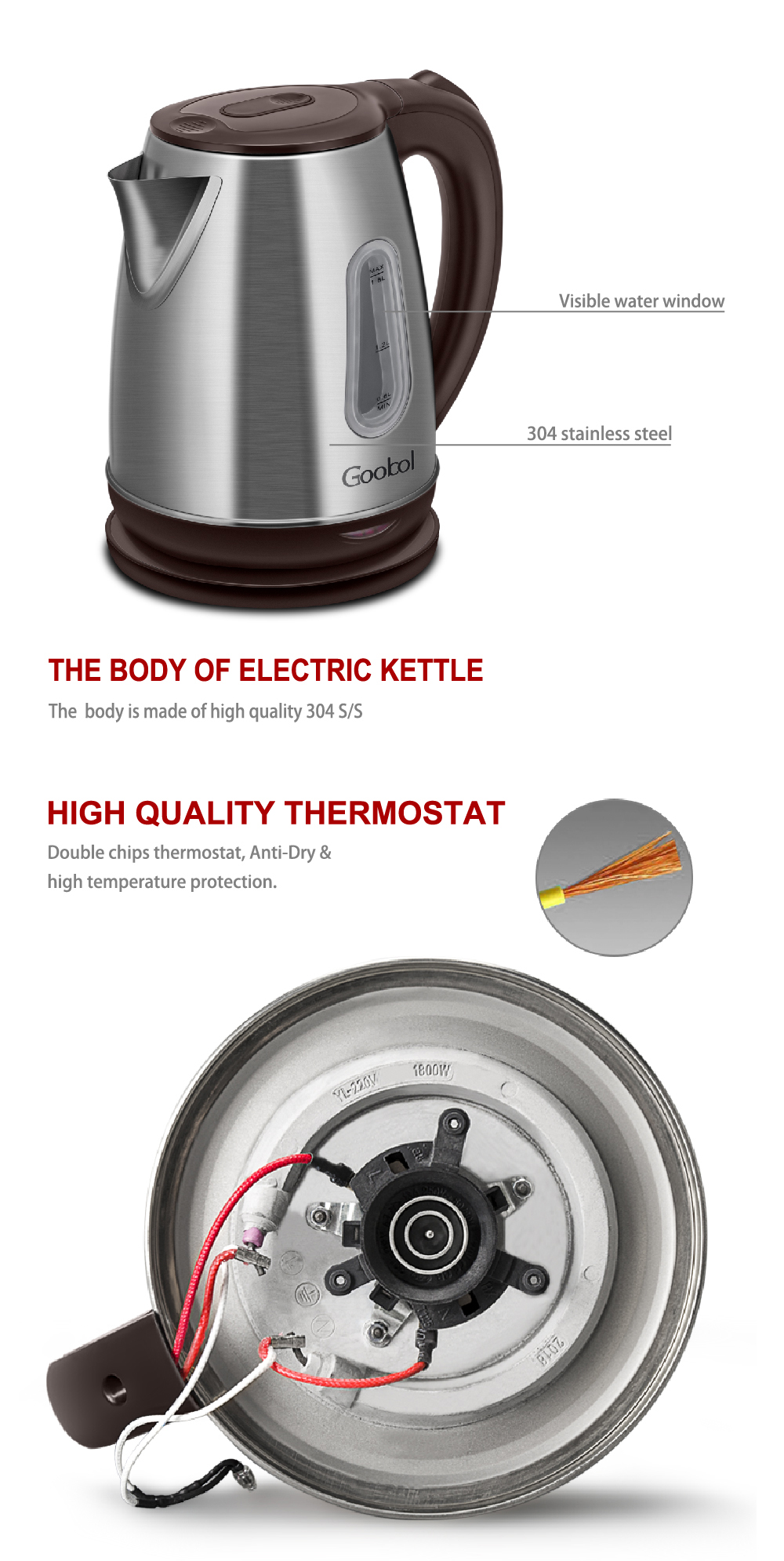 Novel 1.8L Fast Boil Water Stainless Steel 1800W Electrical 304 Electric Kettle 1.8 Liter