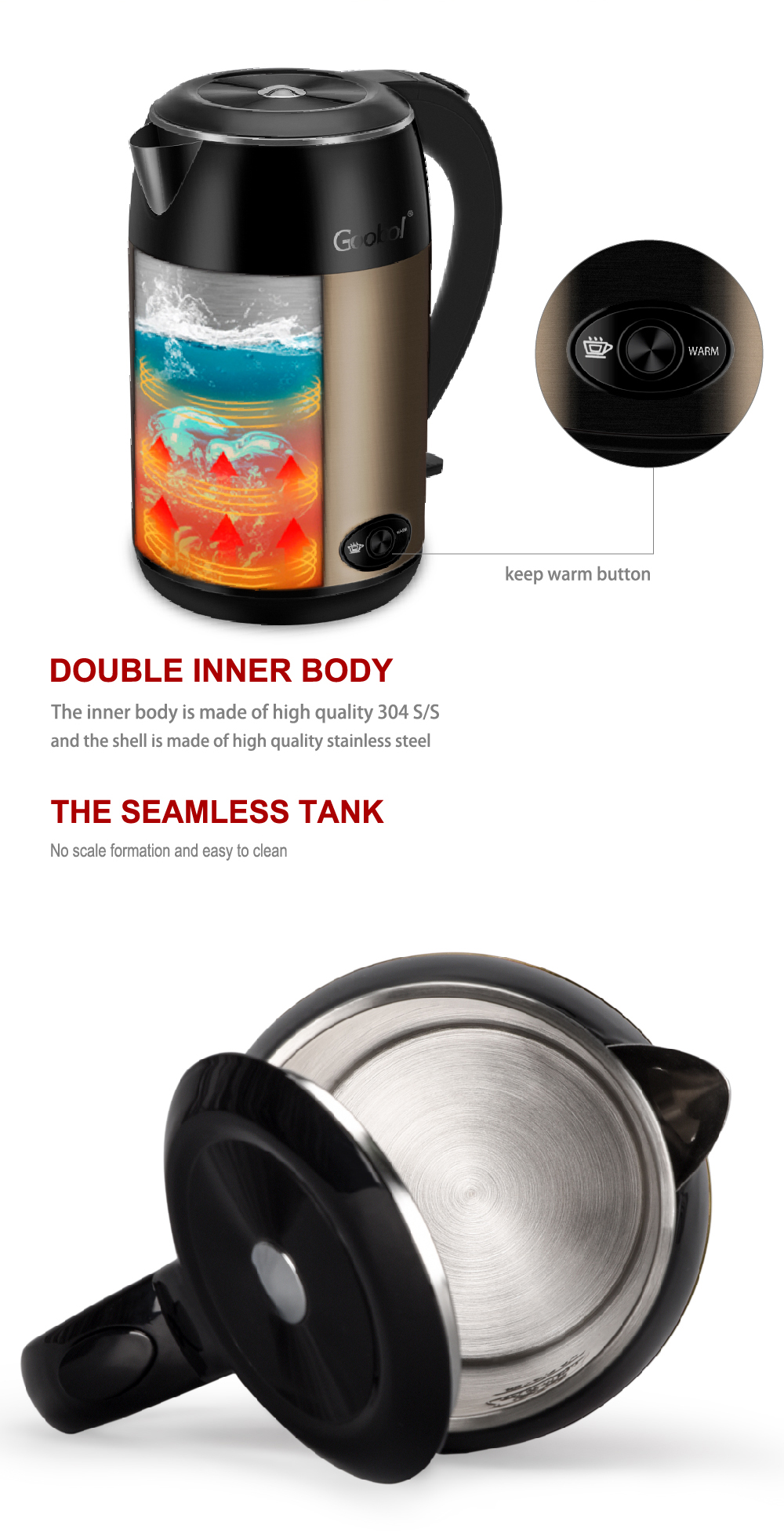 Fullbody 304 stainless steel 1.8L electric kettle double wall with keep warm function food grade fullbody electric kettle electr