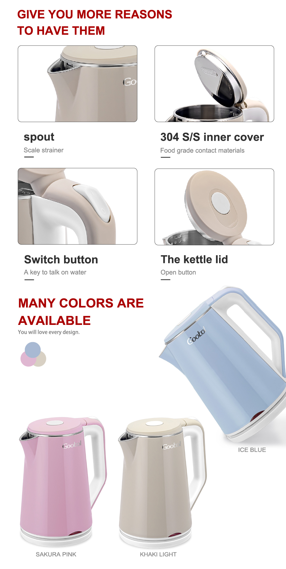Ss Price Stainless Steel 1.7l Home Health 1.8l Double Wall Boil Water Cooker Cordless Fastest Boiling Electric Kettle