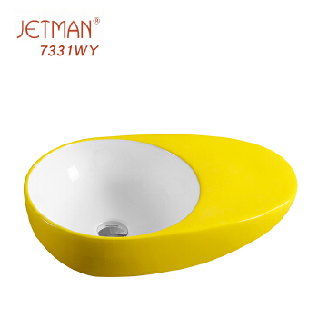 JM7331WY 595*370*150 Simple color round counter top Elegant white and yellow bath wash basin