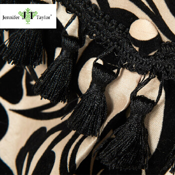 Elegant home furniture upholstery yellow black tassel trimmed round footstool ottoman