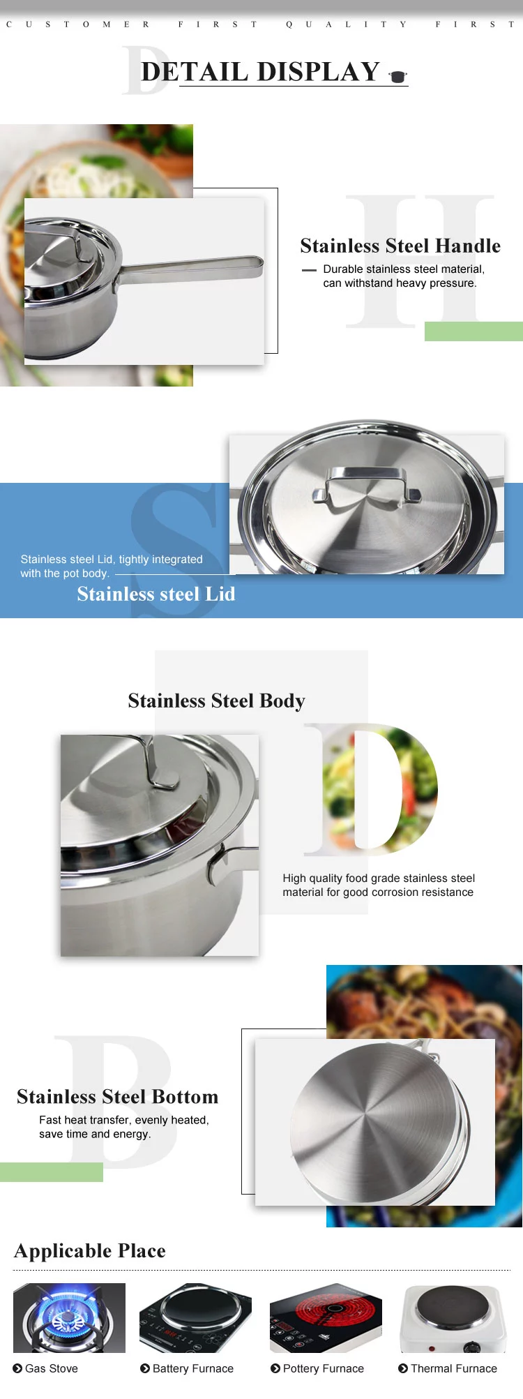 Eco-friendly stainless steel width wire handle restaurant soup pot/ skillet/ cookware set