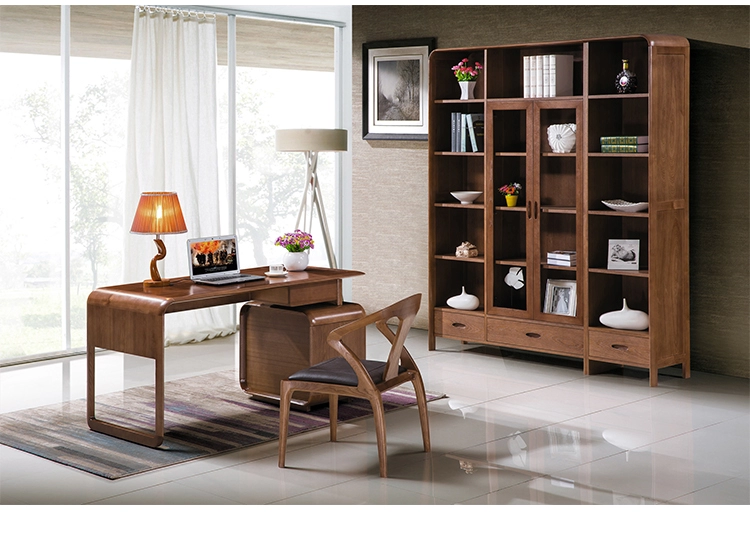 Factory Wholesale Modern Design Solid Wood Bookcase Shelf Book Cabinet and Study Table Home Furniture Set