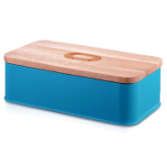 Vintage metal powder coating steel bread box with thick bamboo lid 