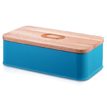 Vintage metal powder coating steel bread box with thick bamboo lid 