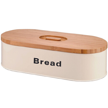 Vintage Oval White Color Coated Steel Bread Storage Box With Bamboo Lid 
