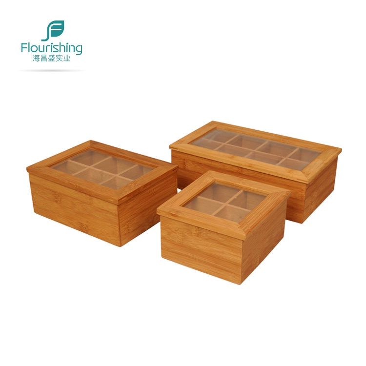 BambooTea Box/ kitchen Storage organizer box with clear lid and removable dividers
