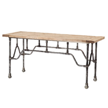 Restaurant Vintage Industrial Tube Iron Leg Solid Wooden Top Rustic Style Dining Table with Wheels