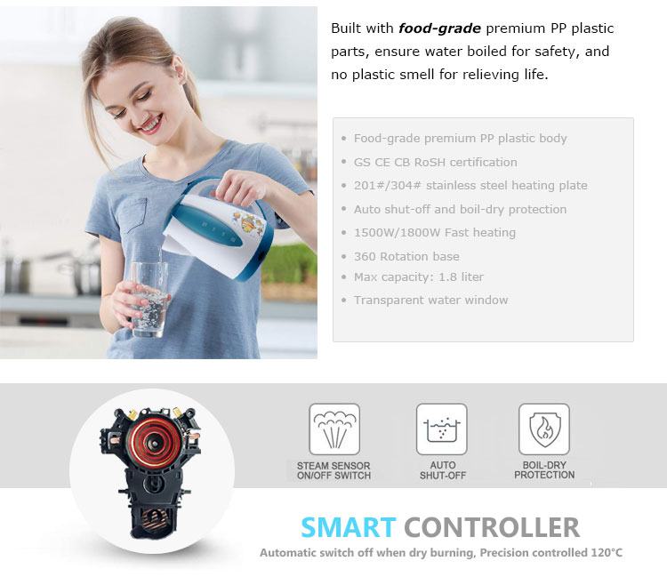 Home appliance cordless plastic kettle electric 110V with CB,CE,ROHS,LFGB certificate