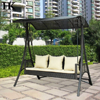 Hangkai Three seat Indoor Outdoor Patio Garden Cane Wicker Rattan Swing Chair 