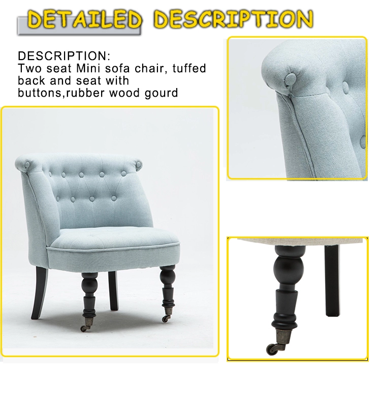 Hot sale high quality fabric accent Mini sofa chair back and seat with buttons antique finish gourd wooden legs/KD