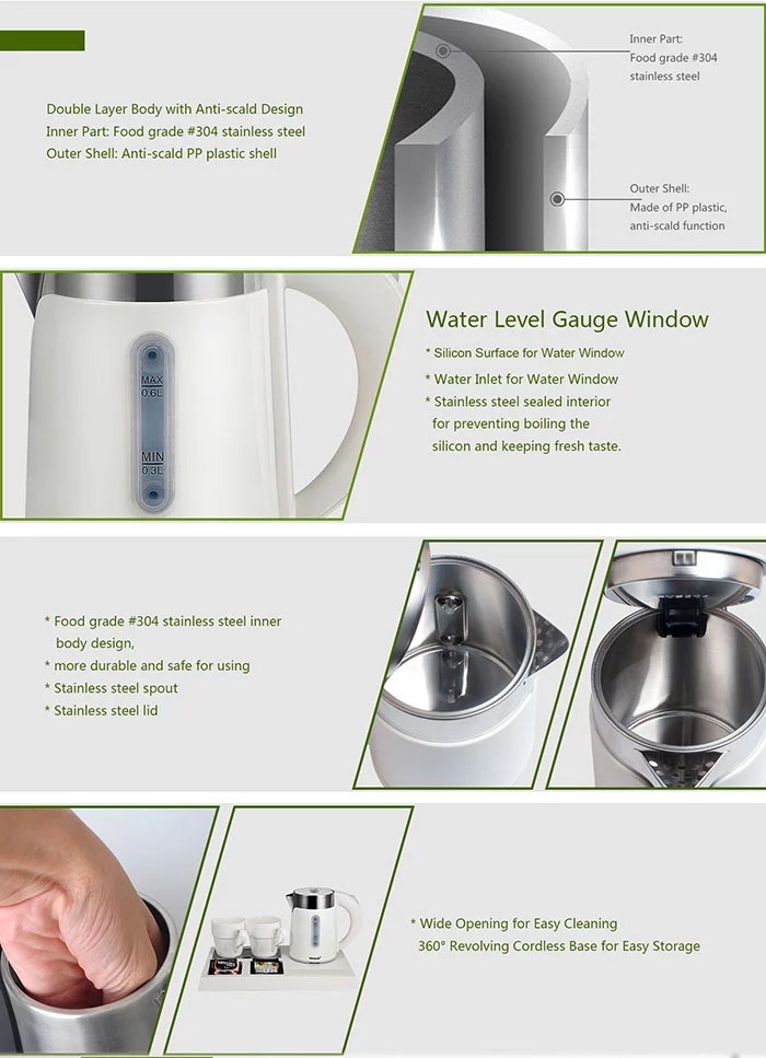 Honeyson new hotel room 0.6L mini double layer cordless electric kettle