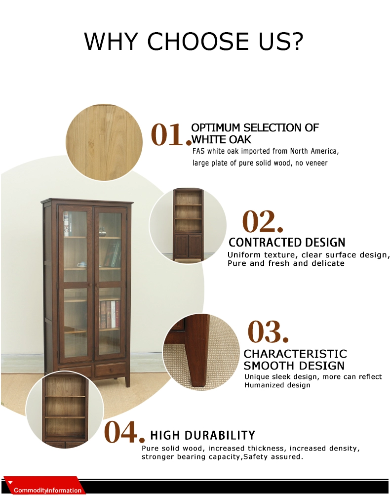 American minimalist solid wood large bookshelf with door