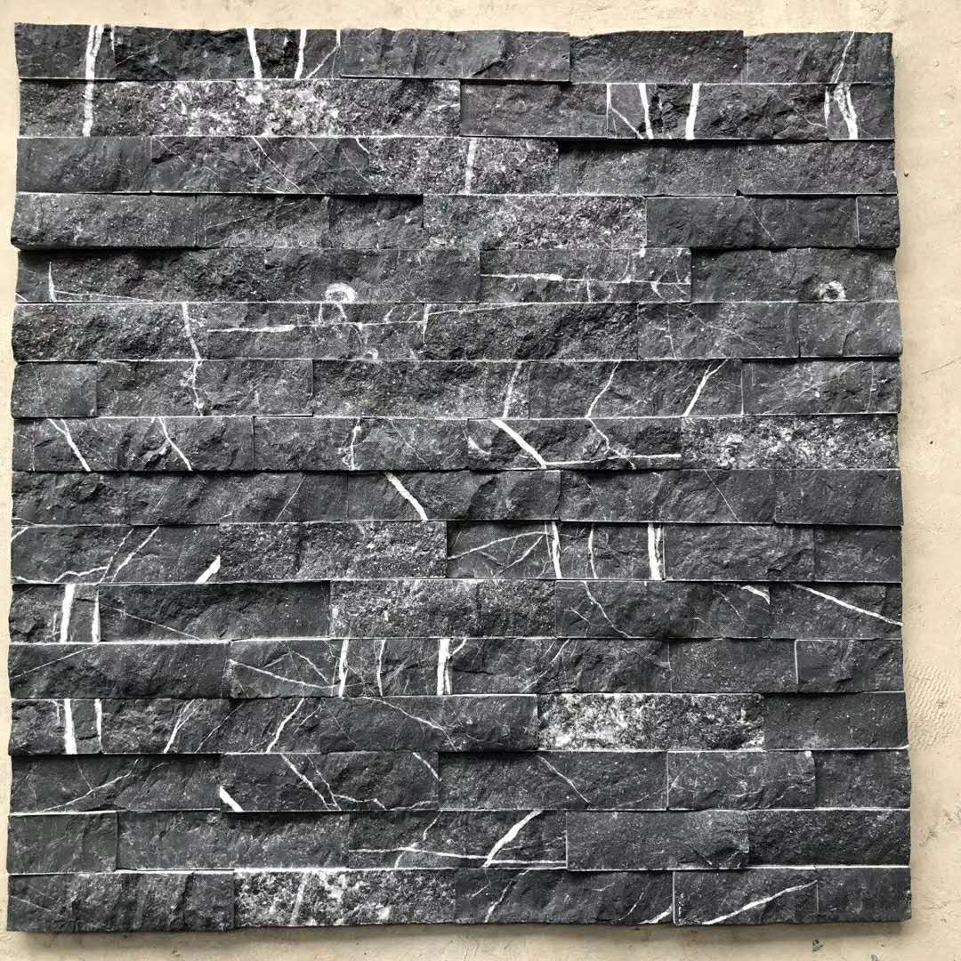 White Stripe in Black marble stone veneers stacked stone wall cladding