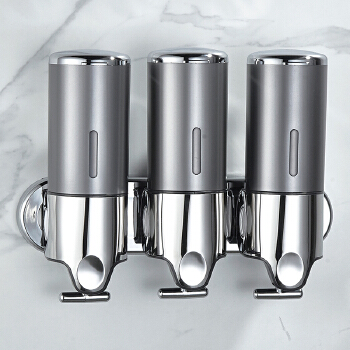 Kitchen Bathroom Wall Mounted Three Head Soap Dispenser Round Manual Lever Visible Bottle Soap Dispenser with Lockable Top Cover