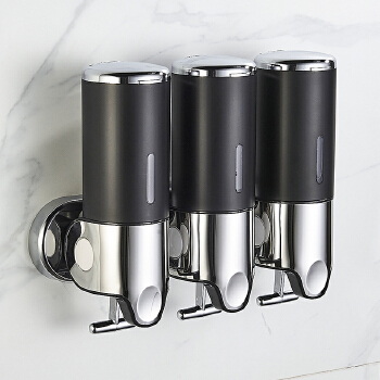 Kitchen Bathroom Wall Mounted Three Head Soap Dispenser Round Manual Lever Visible Bottle Soap Dispenser with Lockable Top Cover