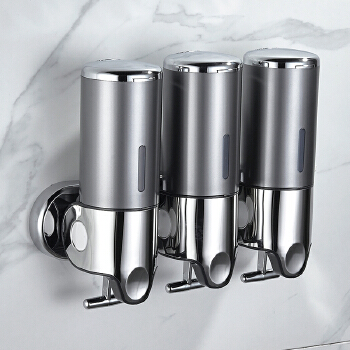 Kitchen Bathroom Wall Mounted Three Head Soap Dispenser Round Manual Lever Visible Bottle Soap Dispenser with Lockable Top Cover