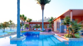 Architectural design of wooden villa with swimming pool