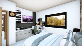 House with multimedia smart tv in master bedroom
