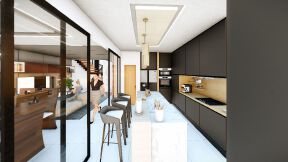 Living room and kitchen design on the first floor of a two-storey villa
