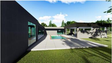 A luxurious modern villa with floor-to-ceiling Windows